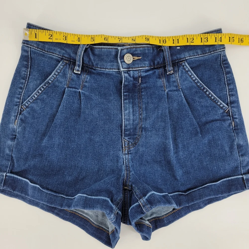 Express Jean Shorts Size 6 Pleated Cuffed Hem Stretch Denim Shortie Hi Rise